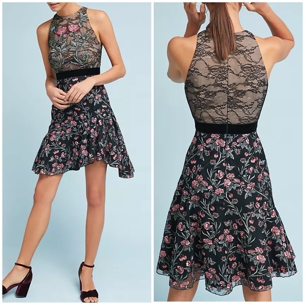 ML Monique L’Huillier Floral Embroidered Lace Ruffle Dress Garden Sleeveless 4